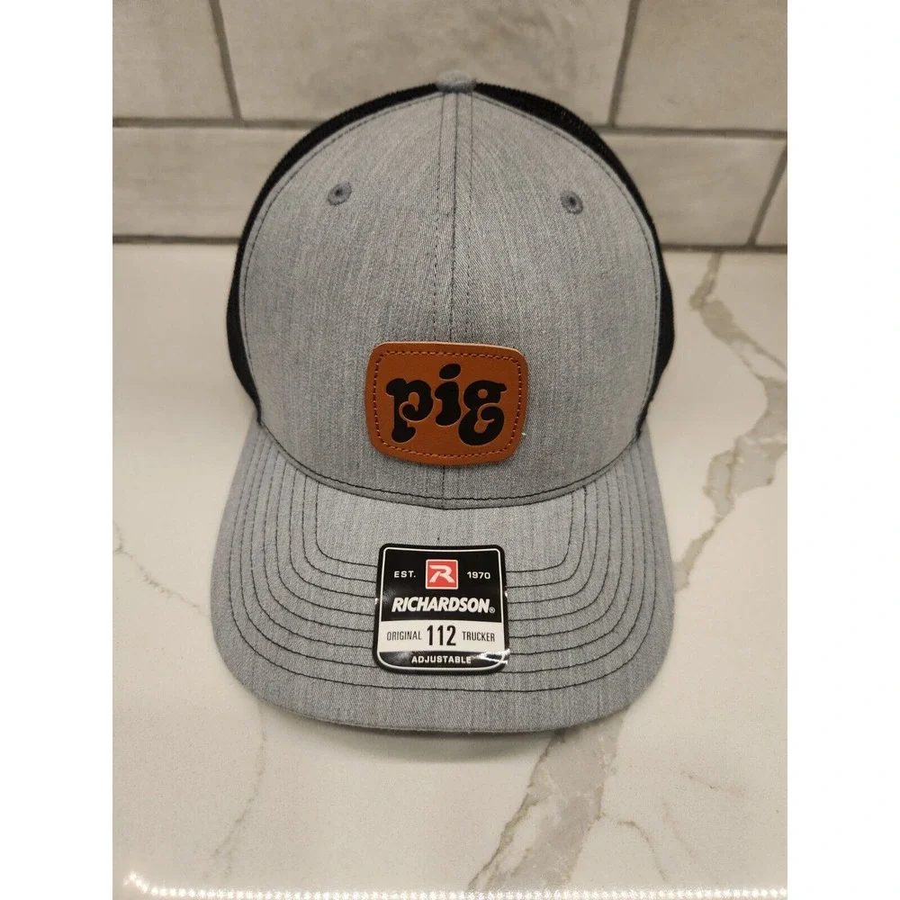 Richardson 112 Pig Square Leather Patch Trucker Hat Gray‎ Black Adjustable Snap